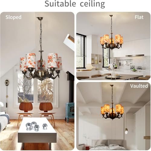 Image of Devansh 05-Light Round Printed Multicolor Cotton Shade Chandelier - Antique Golden Finish | Adjustable Cord | Warm Glow Lamp - Ceiling Light for Living Room, Dining Area, BedroomDecor - D10