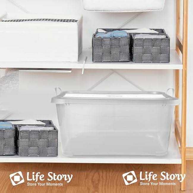 Life Story 12-Pack Stackable Plastic Storage Bins w/Handles & Snapping Lids, 55 Qt., Clear