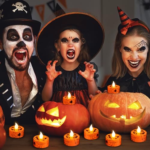 Image of GenSwin Pumpkin Spiderweb Halloween Flameless Candle Battery Operated Timer | Battery Included, LED Tealight Candles for Home Halloween Decoration Gifts, 12 Pack