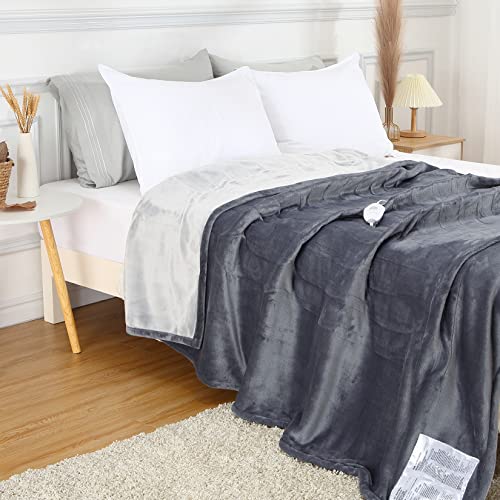 GAOMON Electric Heated Blanket Throw, Super Cozy Soft Flannel Heated Throw with 4 Fast Heating Levels & 10 Hours Auto Off, Machine Washable, ETL Certification, Home Office Use(Queen, Grey)