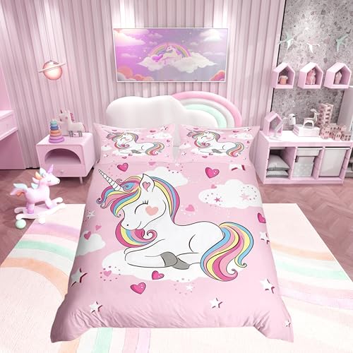 Loussiesd Unicorn Duvet Cover Set for Kids Girls Pink Heart Bedding Set Unicorn Gifts Comforter Cover Cute Bedding Double