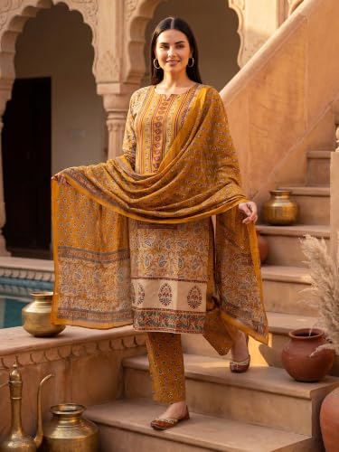 Image of INDO ERA Women's Pure Cotton Abstract Printed Mirror Work Kurta & Pant with Dupatta Set (IEAI13205)|Cotton Suits For Women With Dupatta