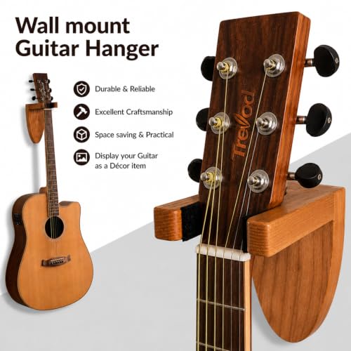 Image of Guitar Wall Mount Hanger Holder, Premium Wooden Guitar Hook with Soft EVA Padding, Wooden Guitar Wall Rack Stand for Acoustic, Electric, Bass, Classical Guitar, Ukulele with Hardware Kit Pack of 1