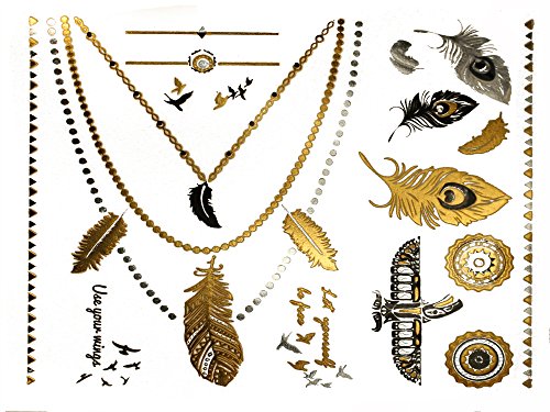 Terra Tattoos Gold Silver & Black Metallic Temporary Tats 75+ Egyptian Designs Feathers, Wings, Arrows Waterproof Nontoxic Long Lasting Perfect For Beach, Festivals, & More! #TOP4
