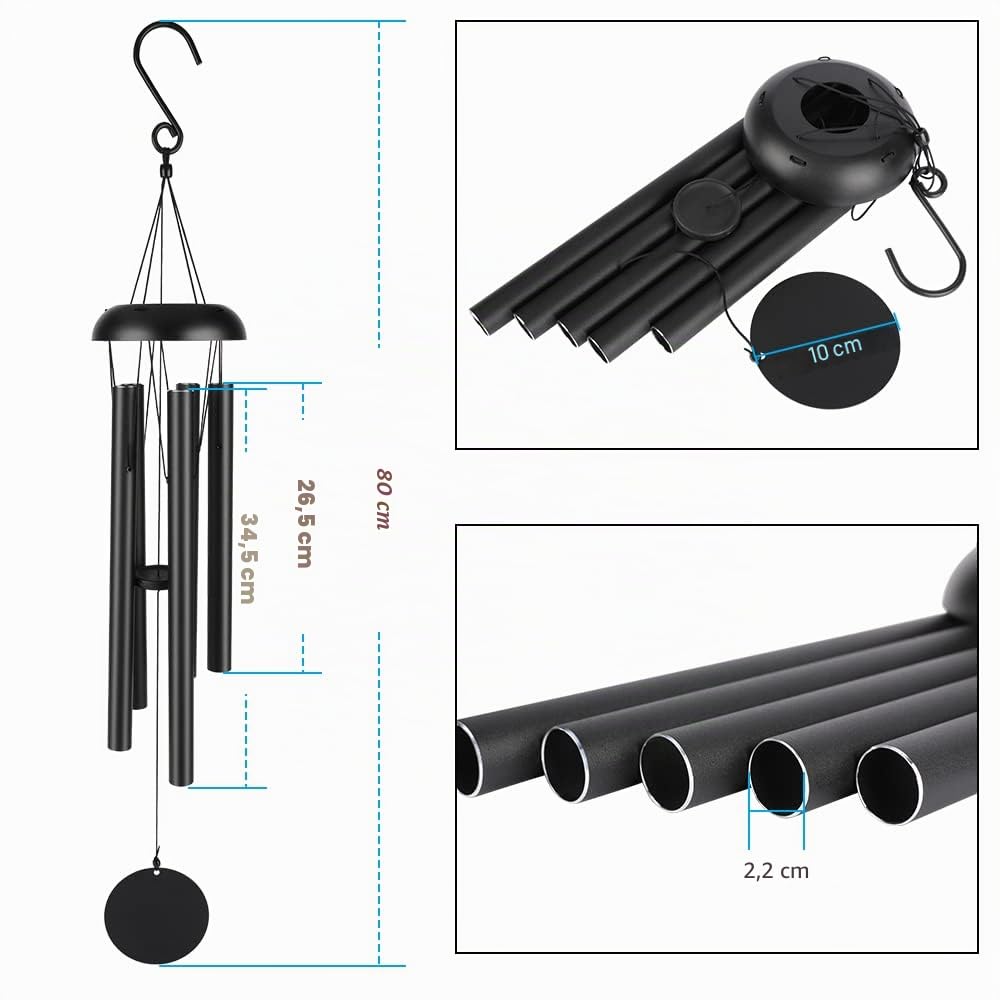 Carillons a Vent Exterieur, Victop 80cm Memorial Carillon a Vent Grand Ton Profond, 5 Tubes en Aluminium Creux Pleasant Melody Retro Decor pour Jardin, intérieur, Cour, décoration de la Maison