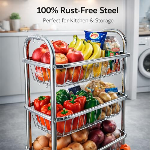 Image of MIKANIX Stainless Steel Vegetable & Fruit Storage Rack with Wheels, Kitchen Storage Basket Organizer, Rust Proof Stand for Onion, Potato, Fruits & Vegetables Trolley (3 Rack Trolley)