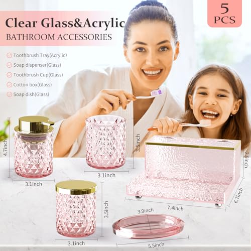 Glass Bathroom Accessories Set 5Pcs Crystal - Foaming Soap Dispenser, Soap Dish, Cup, Acrylic Toothbrush Holder with Tray Organizer, Qtip Jar, Bathroom Counter Set Sink Decor (Pink) - Image 4