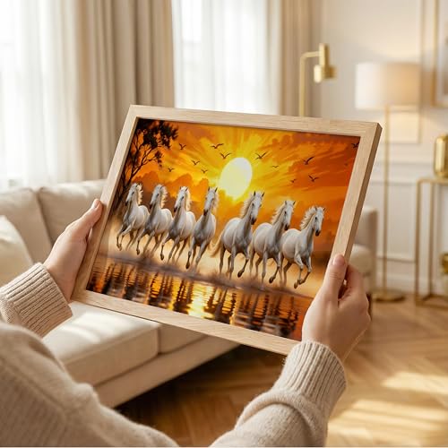 Image of Suneree 7 White Horse Vastu Wall Painting - Running Horses Sunset Landscape Framed Wall Art for Living Room & Office Decor (Natural, Design 02, 13x19 Inch)