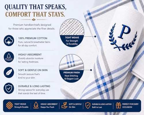 Image of GOLU MOLU Cotton White Formal Handkerchief Pack Of 6 | Office Travel Daily Use | Custom Initial Design | Free Size | Cotton Fabric | Customised N95 Mask Included