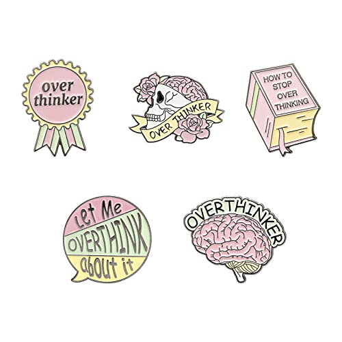 QIHOO Overthinker Enamel Pins for Backpack-Humorous Enamel Pin Set Brain Skull Book Badge Lapel Pins for Jackets