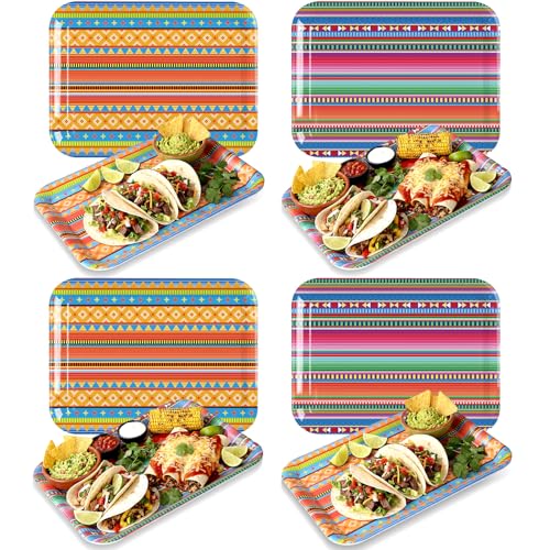 Vesici 4 Pack Mexican Melamine Serving Trays, 13 x 10 in Rectangular Decorative Platters, Colorful Aztec Boho Pattern Snack & Appetizer Plates for Taco Bar, Patio, Parties, Home Decoration