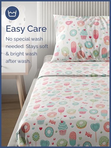 Image of Kids Full Size Sweets Bed Sheets - 4 Piece Kids Sweets Sheet Set | Sweets Themed Bedding, Ultra-Soft, Cute & Cozy, Breathable & Machine Washable, Kids Bed Set for Boys, Girls, Teens & Toddlers