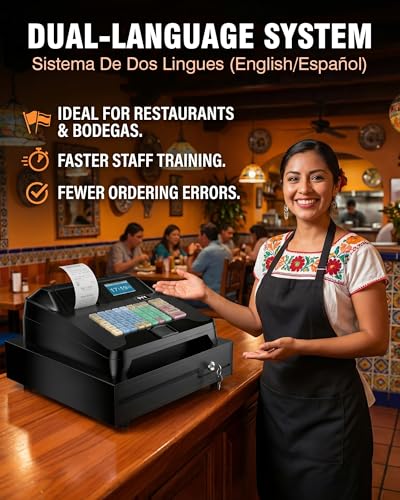 Image of PYY Cash Register for Small Businesses - Caja Registradora para Negocio with English /Spanish Language System, Dual Display, Thermal Printer & Lockable Cash Drawer, Multi-Device Connectivity, 48 Keys