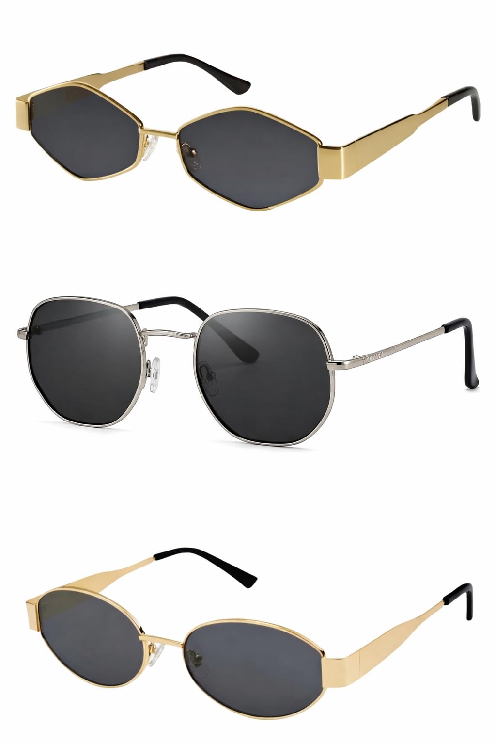 Combo of 3 Sunglasses, Oval and Retro Hexagonal with Polygon Diamond Shaped, Gold Metal Frame, Dark Grey Lenses, UV Protected, Geometric Punk Style, Unisex-image-11
