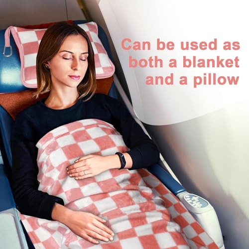 Image of Travel Blanket and Pillow Compact, Premium Soft 2 in 1 Airplane Blanket with Soft Bag Pillowcase，Hand Luggage Sleeve and Backpack Clip (Ckeckered Pink)