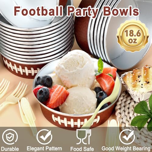 Image of gisgfim 24 Set Football Party Supplies 18.6oz Snack Bowls Disposable Ice Cream Cups Football Game Paper Serving Bowls and Forks Tableware Kit for Sport Events Birthday Dinner Party Decorations