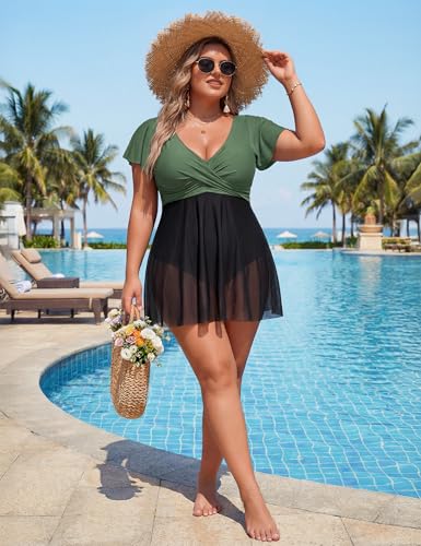 Image of Blooming Jelly Women's Plus Size Bathing Suit One Piece Swim Dress Tummy Control Swimsuits Ruffle V Neck Swimwear