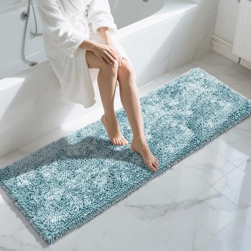 Image of Yimobra Long Bathroom Rugs Runner 70x24 Inch, Extra Thick Soft Absorbent Chenille Bath Mat, Non Slip Machine Washable, Quick Dry Bath Rugs for Bathroom Floor, Tub and Shower, Greyish Blue