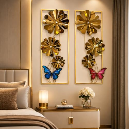 Image of SHREE 'O' GREEN TECH - Decorative Big Gold Metal Floral Butterfly Wall Hanging Art Frame Showpiece for Living Room Bedroom Drawing Room Interior Decor (Size 12x34 Inch)