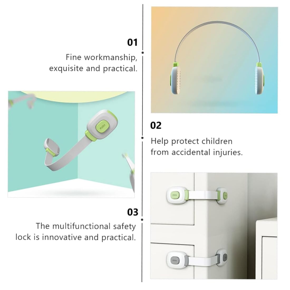 Bloque Porte Bébé Lot de 10, Sécurité Placard Enfant Adhésif Fort, Protection Bebe pour Armoires Tiroirs sans Perçage (Gris et Vert)