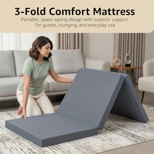 Image of Amazon Basics 3-Fold Foam Single Mattress | Foldable Floor Mattress for Guests, Travel & Easy Storage | High-Resilience Foam | Removable Washable Polyester Cover | 75.5 x 28 x 2.5 Inch