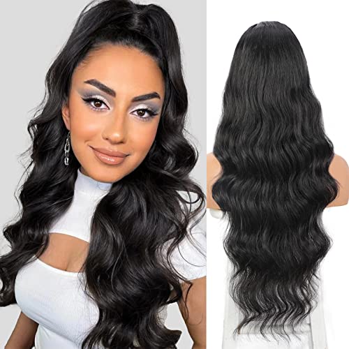 Earfodo Ponytail Extension for Black Women Long Wavy Natural Black Ponytail Extensions Synthetic Heat Resistant Curly Wavy Ponytail Hairpieces Drawstring Ponytail for Women 24 Inch