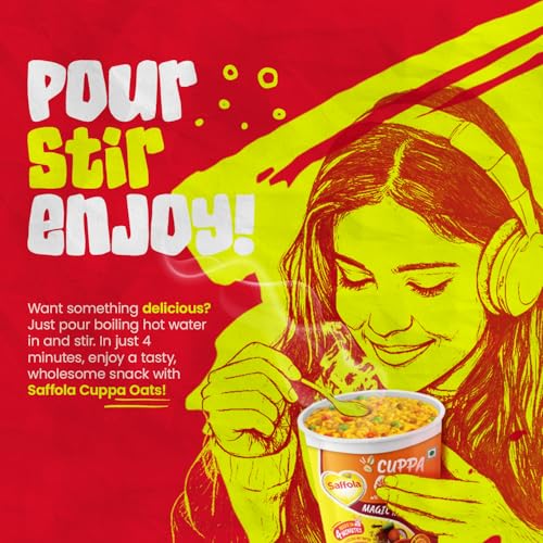 Image of Saffola Cuppa Oats, Magic Masala | Tasty Mazedaar Snack | Just add hot water | Goodness of Jowar & Veggies | No Maida, No Added Preservatives | Helps Manage Weight | 52g (Pack of 3)