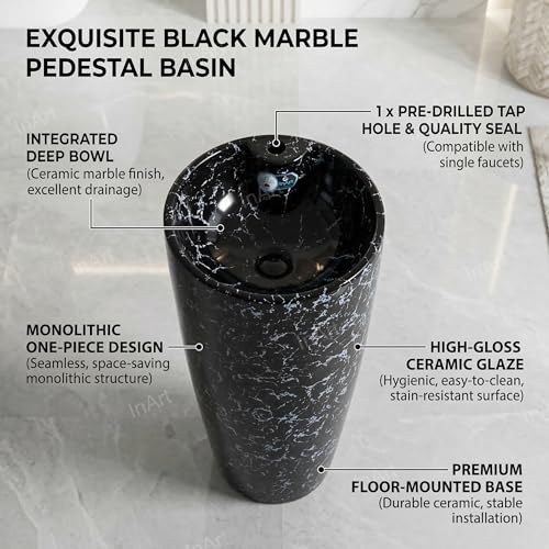 Image of InArt Ceramic Pedestal Wash Basin, Black Marble, 38x38 CM, Glaze Coated Easy Clean, Contemporary Free Standing Design for Modern Bathrooms, Kitchens, Living Rooms (Black Marble)