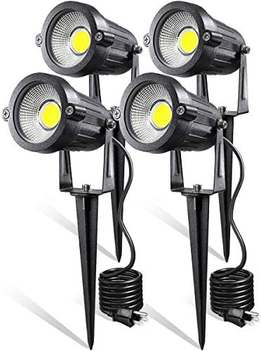 LEACOCO LED Landscape Lights,5W 120V AC Outdoor Pathway Garden Yard Spotlight,IP65 Waterproof Garden Flood Light,Outdoor Spotlight with Stake,UL Cord 5-ft with Plug (Pack of 4, Daylight White)