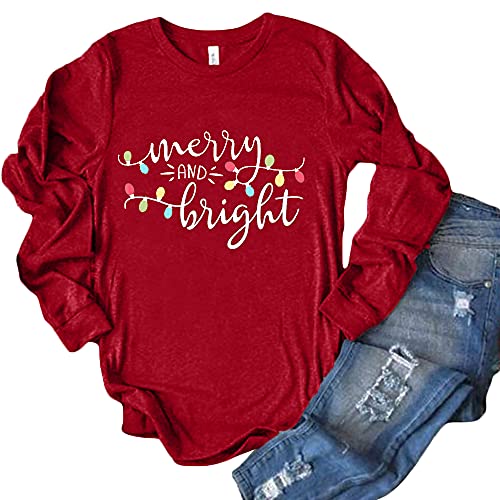 Product Image of the Christmas Shirts for Women Merry and Bright Shirt Xmas Holiday Tshirt Graphic Christmas Lights Tee Tops Dark Red