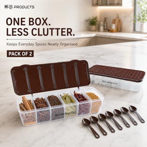 Image of Multipurpose 6-in-1 Masala Box for Kitchen, Airtight BPA-Free Plastic 6 Section Storage Container with 6 Spoons, 1800 ml Transparent Pickle Box for Spices, Dry Fruits,Snack (2)