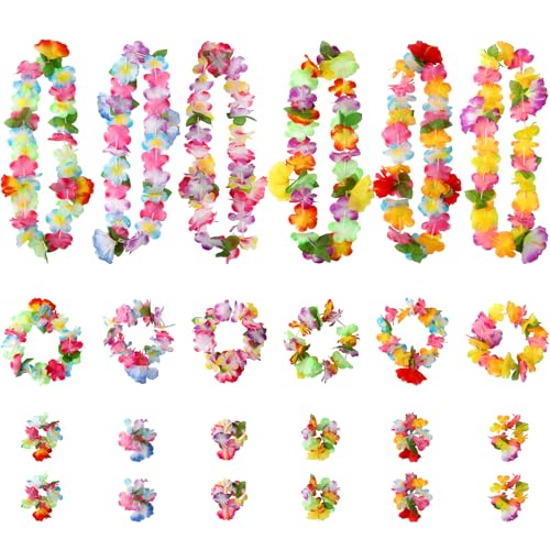 Hawaiian Leis Luau Party Decorations 24 PCS Leis for Luau Party Colorful Tropical Hawaii Flower Leis Necklace Headbands and Wristbands for Hawaiian Birthday Summer Beach Party Decorations Supplies