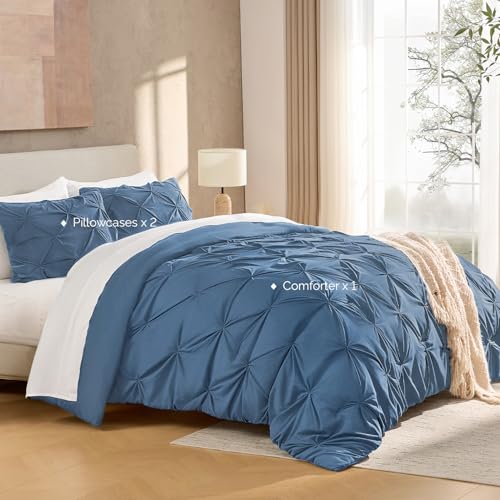 Image of Andency Full Pinch Pleat Comforter Set (79 inchx90 inch),3 Piece Lightweight Pintuck Bedding Comforters & Sets, Fluffy Down Alternative Comforter with 2 Pillow Shams for All Season,Ocean Blue