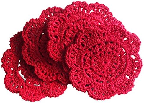 gracebuy Red Set of 4 PCS 4 Inch Round Handmade Crochet Lace Placemats Coasters Doilies