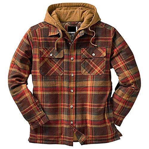 Men's Casual Plaid Flannel Lined Hooded Jacket Long Sleeve Zipper Drawstring Hooded Shirt Coat Tops Brown XL
