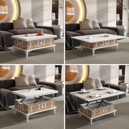 BERA DESIGN SMART FURNITURES Magic Star Extendable Lift Top Convertible Coffee to Dining Table 6-in-1 for Up to 6 Pax | 90x60x45cm with 3 Variable Height Levels