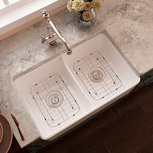 32 Inch White Ceramic Kitchen Sink, Rectangular Double Bowl, Flush Mount kitchen Sink with Overflow, 32-1/4 x 24 x 8 inch