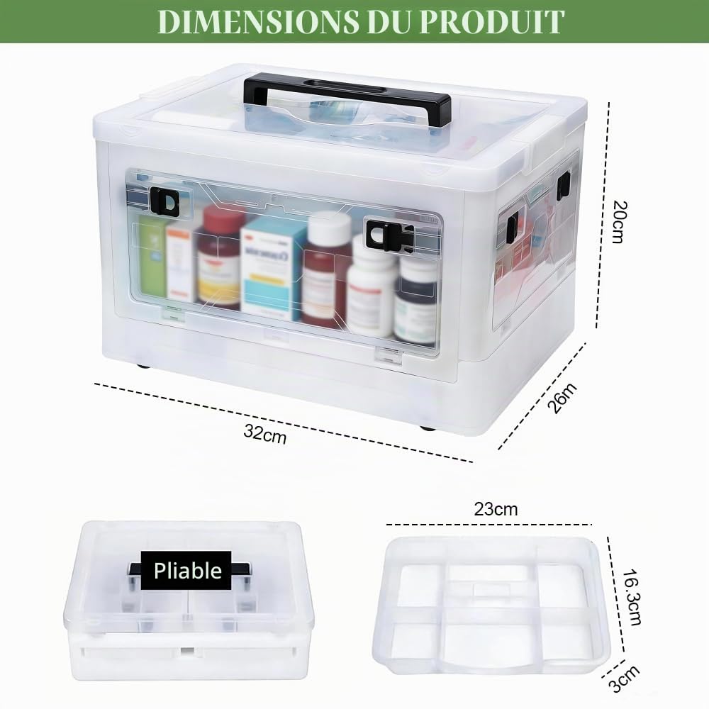 Boîte à Pharmacie, Boite Rangement Medicament 2 Couches Pharmacie Rangement avec Plateau Amovible Organisateur de Premiers Soins pour Ranger les Médicaments, Papeterie (38x26x22cm)