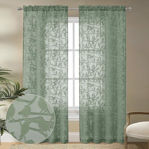 OVZME Anji Lot de 2 Rideaux Transparents texturés Vert Sauge de 213,4 cm de Long pour Salon, Chambre à Coucher, Voilage Jacquard élégant avec Passe-Tringle...