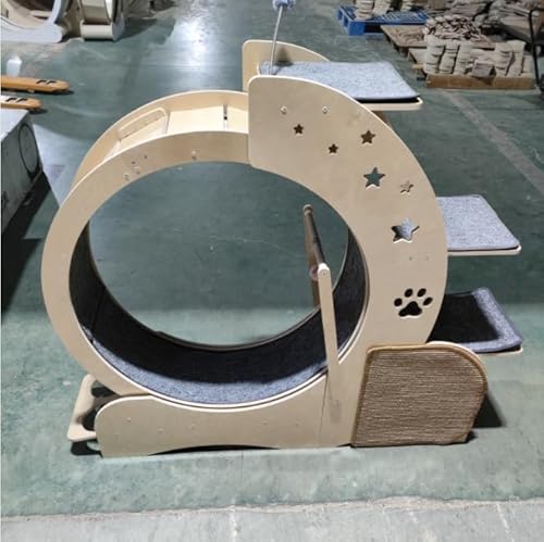 Auveach 5 in 1 Katzenrad aus Holz, multifunktional, feststellbar, Laufrad für Katzen, 3 Stufen, mit 2 Schüsseln, interaktives Spielzeug für Katzen
