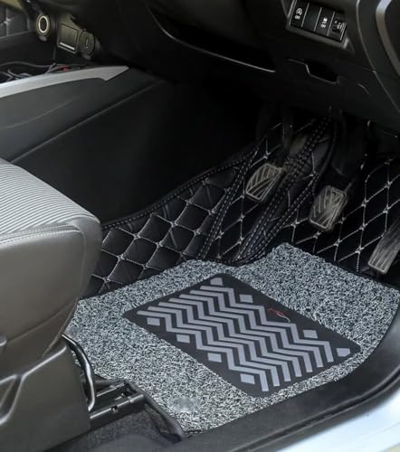 Image of KA10 7D Car Floor Mat for Honda Elevate | Custom Fitted | Premium PU Leather | 100% Waterproof, Zero-Dust, Shield Your Car Floor | Full Set with Grass | (Black with Silver)