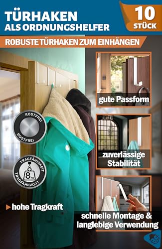 Menz Türhaken zum Einhängen - 10 Stück Kleiderhaken für Tür, kompakte Haken zum Einhängen mit hoher Tragkraft, platzsparende Türgarderobe, flexible Türhakenleiste, weiß
