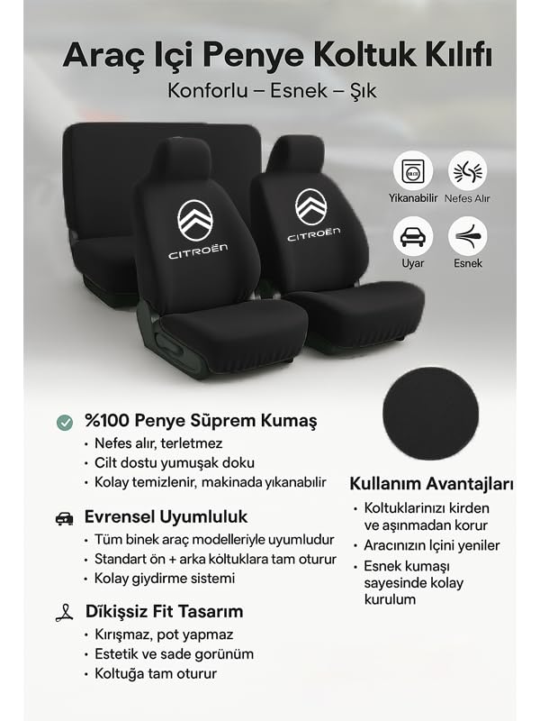 Oto koltuk kilifi seciminde kalite isteyenlere Citroen Cactus ile uyumlu ozguvenli secim Siyah
