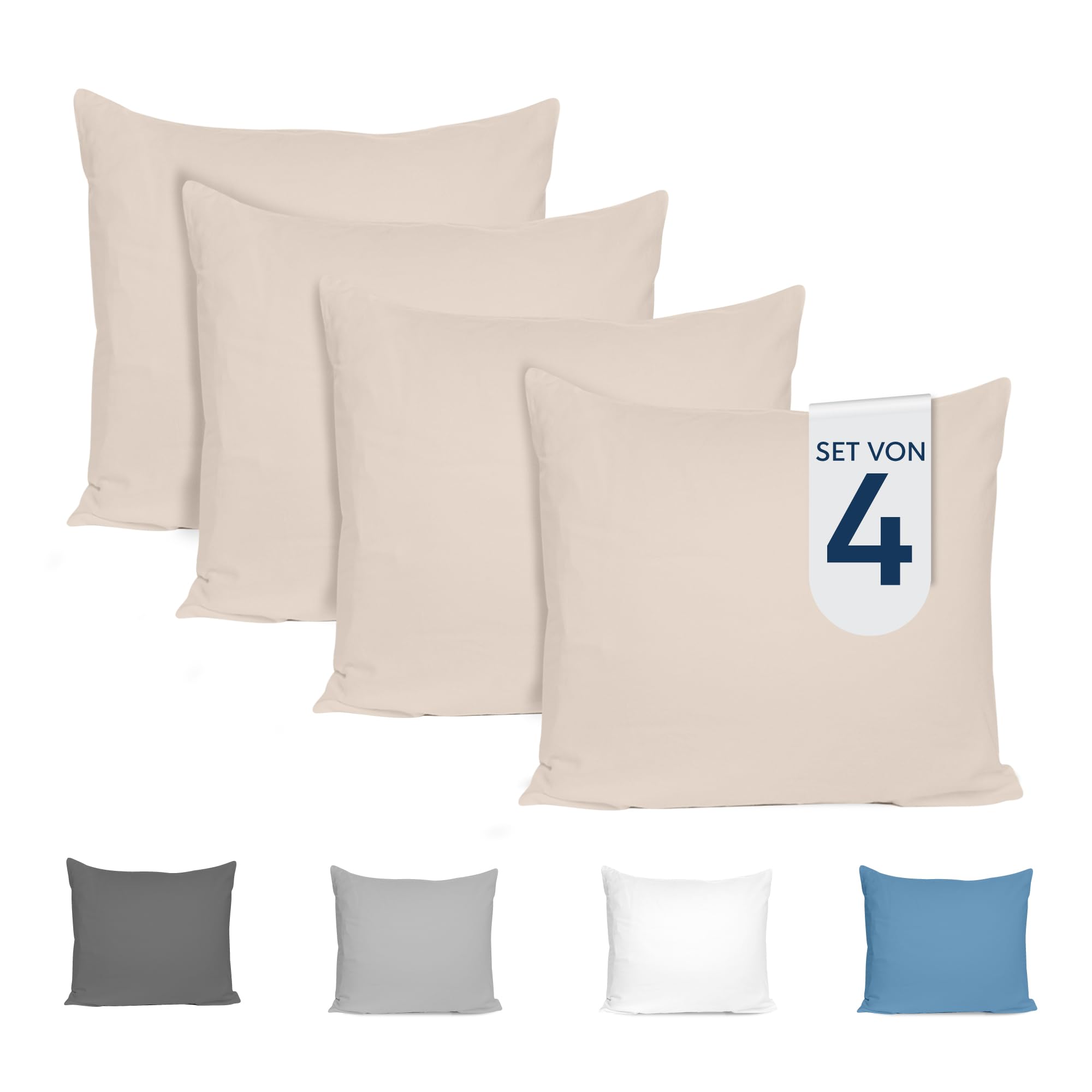 Dreamzie Kissenbezug 80x80 (4er Set) - 100% Jersey Baumwolle 150 g/qm Kissenbezüge - Beige - Für Kissen 80 x 80 cm - Kissenhülle - Kissenbezug - Resistent und Hypoallergen - Zertifiziert Oeko-Tex