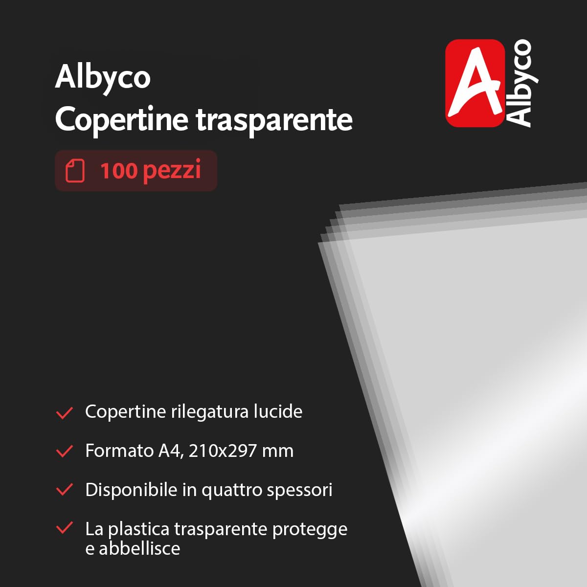 Albyco Copertine Rilegatura Trasparenti A4 0,20 mm 100 Pezzi