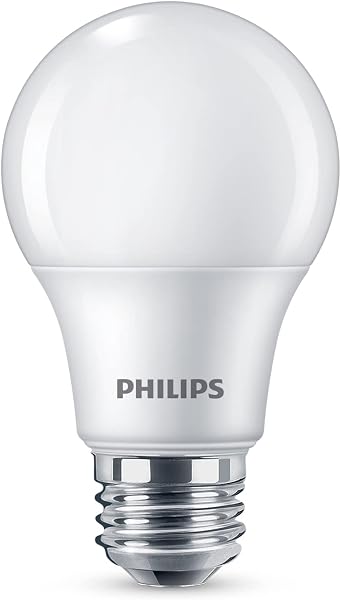 Close-up of a Philips 463380 A19 LED bulb, showcasing its standard base and frosted glass.