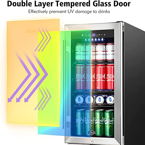 Image of Tylza 15 Inch Beverage Refrigerator, 130 Cans Quiet Beverage Fridge, 15'' Beverage Cooler Under Counter with Glass Door and Lock for Built-in or Freestanding With Temperature Memory Function TYBC100