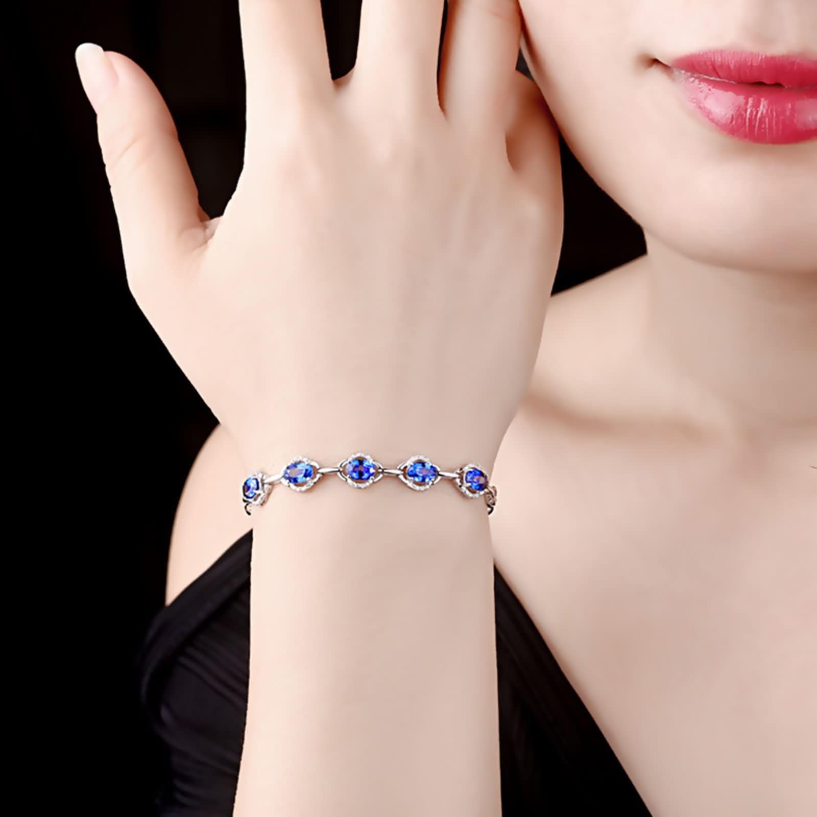Pulsera de Mujer Oro Blanco 9Kilates / 14Kilates / 18Kilates, Oval con Zafiro y Diamante, Cadena Extensible 16 CM + 5 CM, Pulseras de Plata Azul de Mujer Ajustable