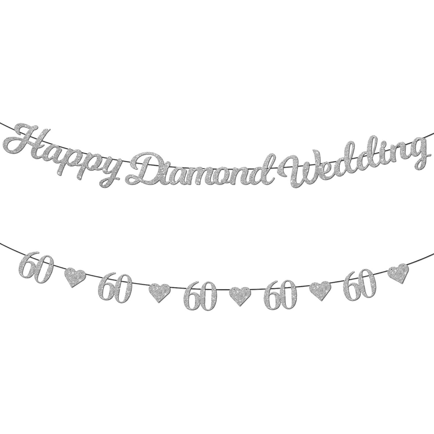 YIAJIA 60th Wedding Anniversary Banner - Glitter Diamond Wedding Anniversary Bunting Decorations, 60th Wedding Anniversary Decorations, Happy 60th Anniversary with Silver Heart Bunting