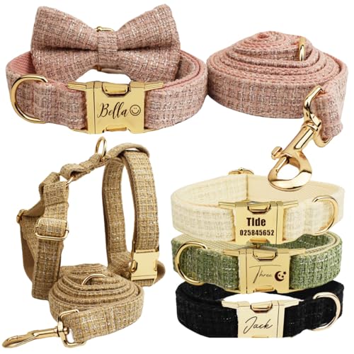Collare per cani in tweed personalizzato con targhetta con nome inciso, morbido tessuto in poliestere, regolabile e resistente, collare per cuccioli per cani di taglia piccola e media, guinzaglio